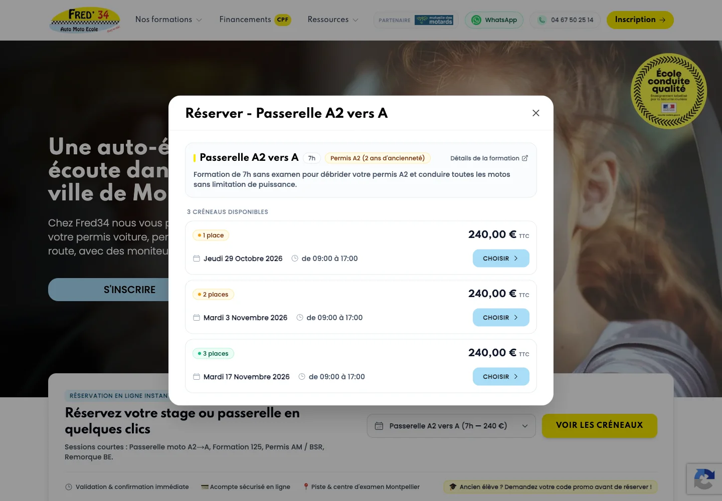 Calendrier de réservation en ligne d'une formation courte chez Fred'34
