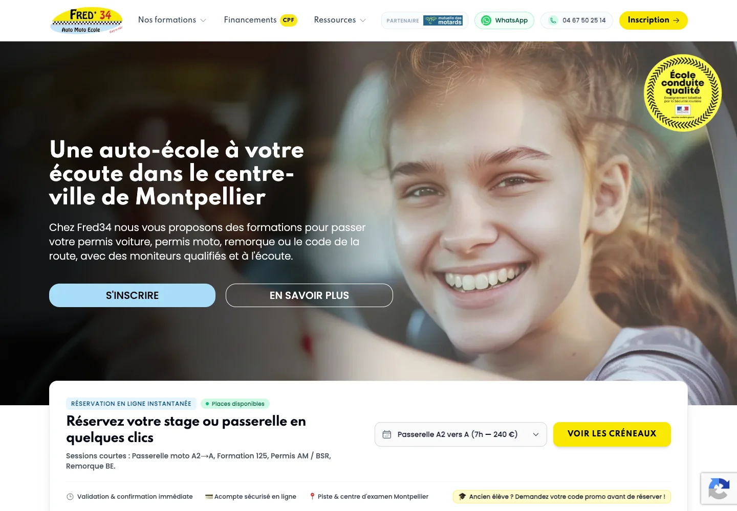 Page d'accueil de Fred'34, avec la nouvelle direction artistique et les accès aux formations