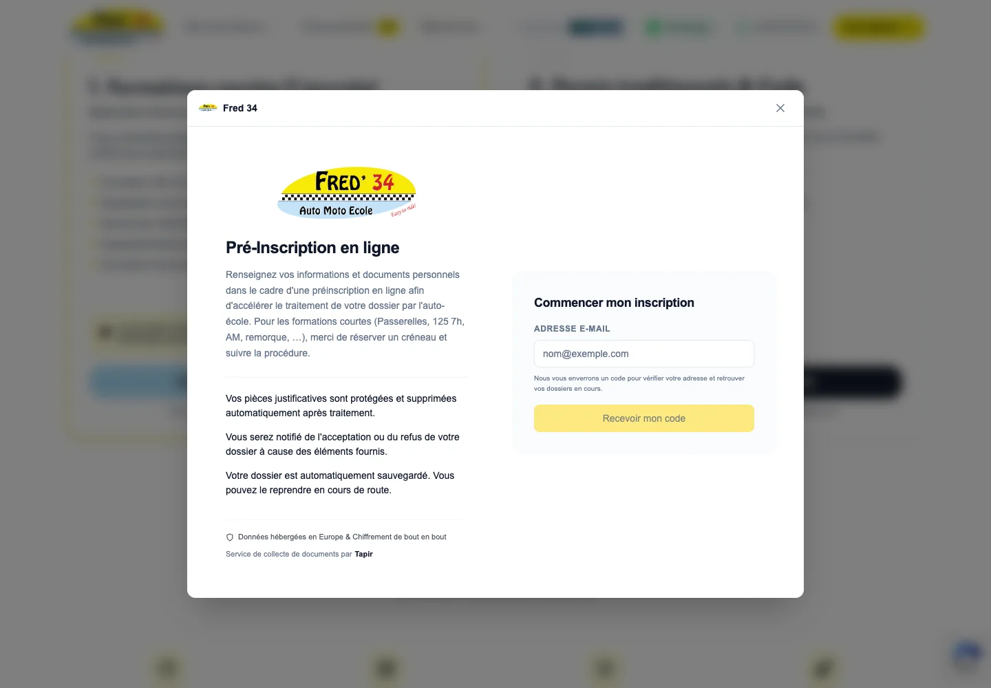 Le module Tapir intégré au site Fred'34 pour commencer un dossier de pré-inscription