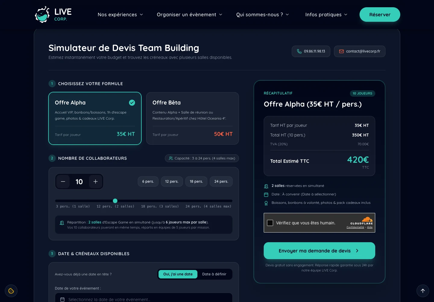 Le module de devis LiveCorp pour préparer un événement de groupe