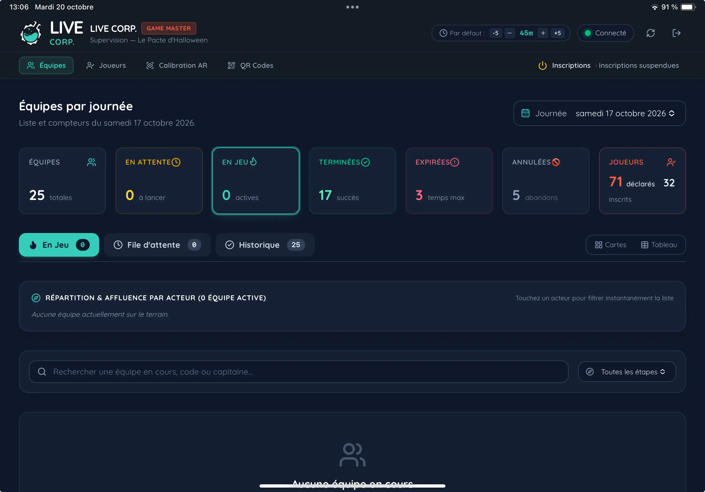 Interface de supervision Game Master montrant les équipes, compteurs et filtres par acteur