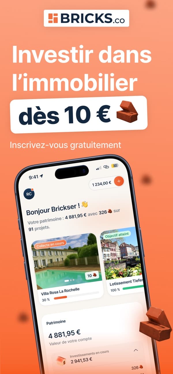 Application Bricks : accueil avec les collectes en cours et le patrimoine de l’utilisateur.