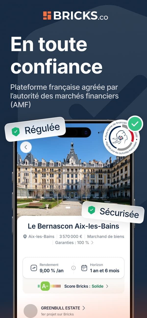 Application Bricks : fiche d’un projet immobilier avec localisation, rendement et horizon.