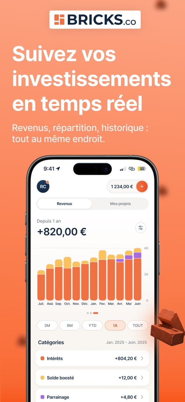Application Bricks : suivi des investissements, graphique des revenus et historique.