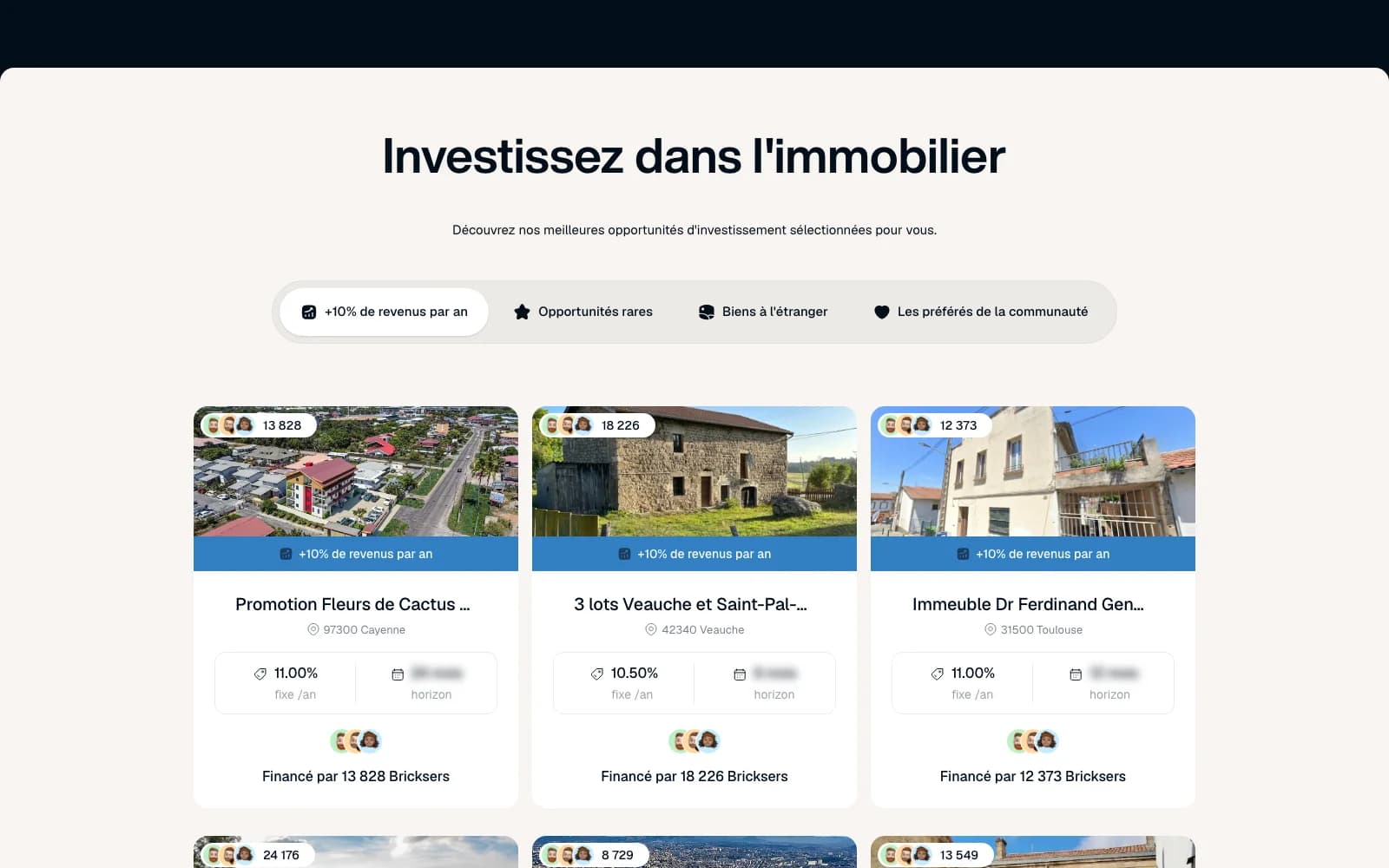 Les opportunités immobilières sur le site Bricks : fiches projets, localisation, horizon et financement par la communauté.